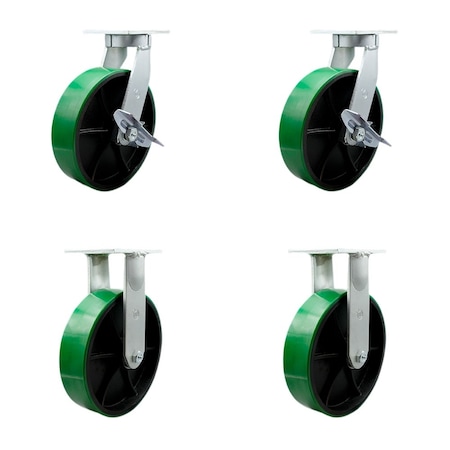 Service Caster 10'' Heavy Duty Green Poly on Metal Caster Set 2 Swivel Lock/Brake 2 Rigid, 4PK CRAN-KP92S1030-PUR-GB-SLB-BSL-2-R-2